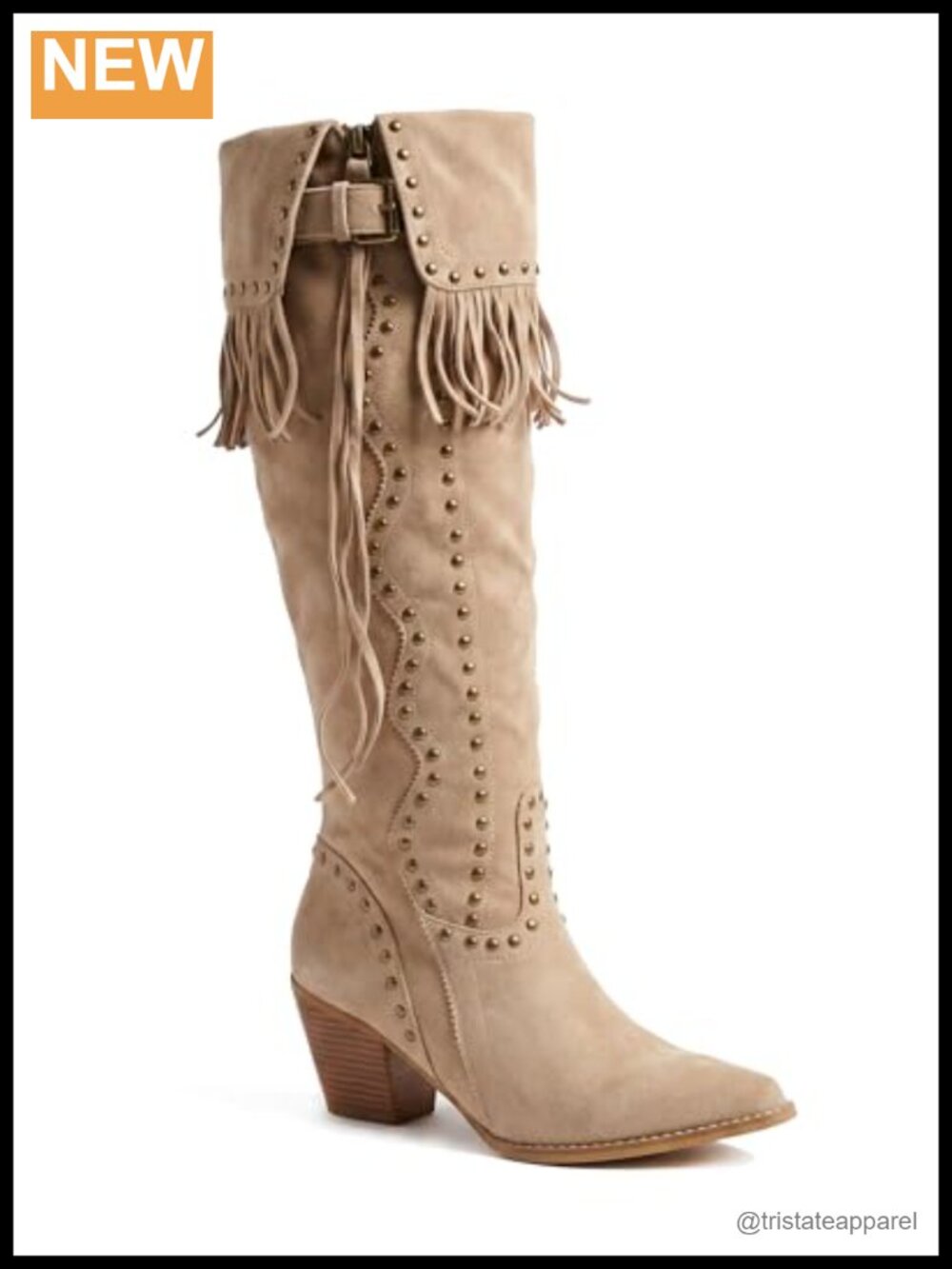 Knee-High Fringe Cowboy Boots Women Western Suede Block Heel Studded Side Zipper